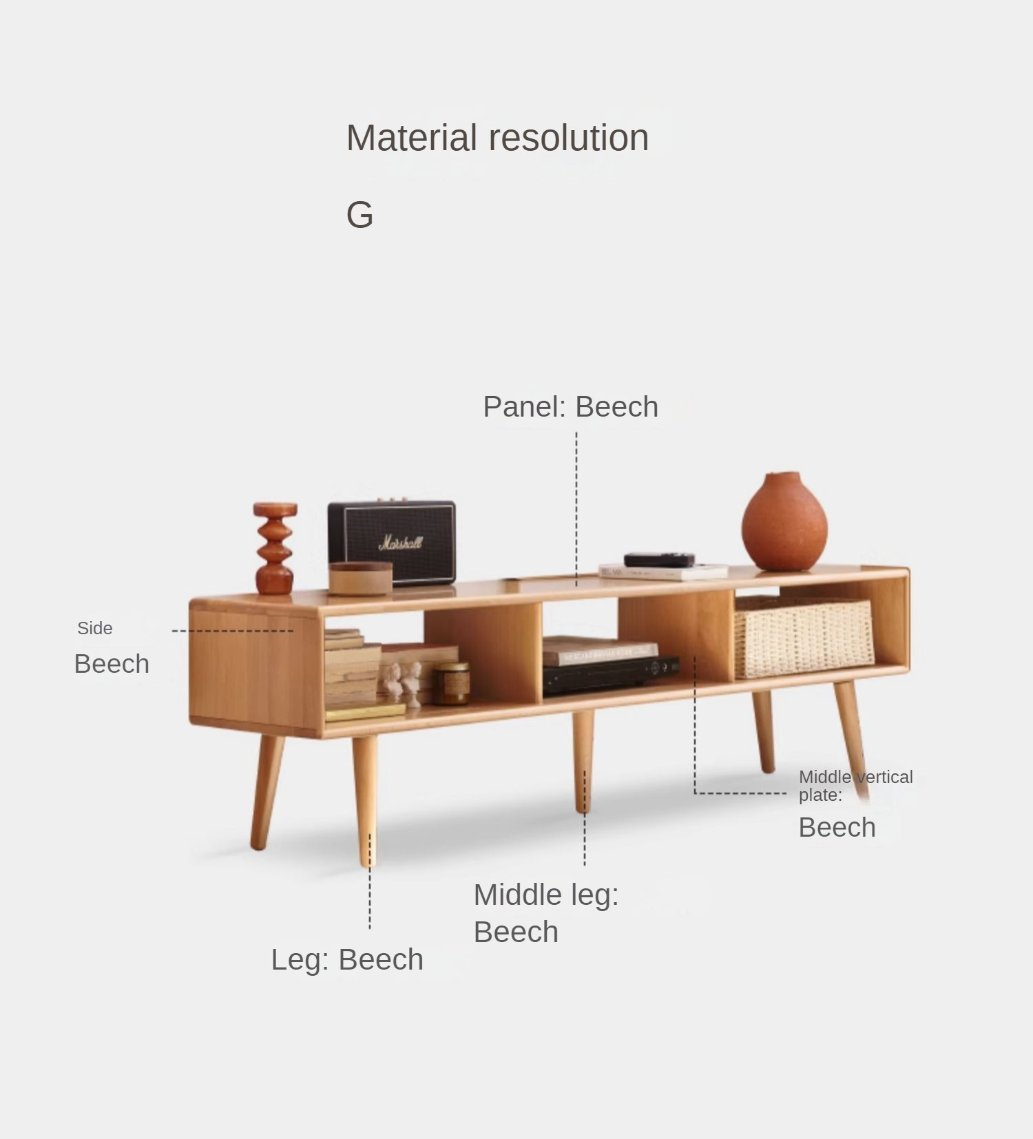 Beech Solid Wood TV Cabinet Open Storage.