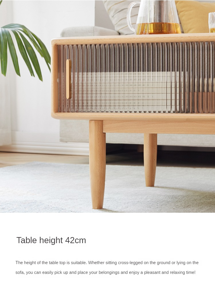 Beech Solid Wood Glass Sliding Door Coffee Table