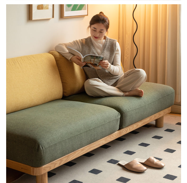 Oak Solid Wood Sofa Imitation Cotton and Linen