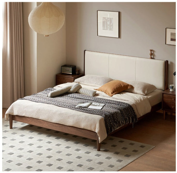 Oak,Black Walnut Solid Wood Top-Grain Cowhide Leather Bed