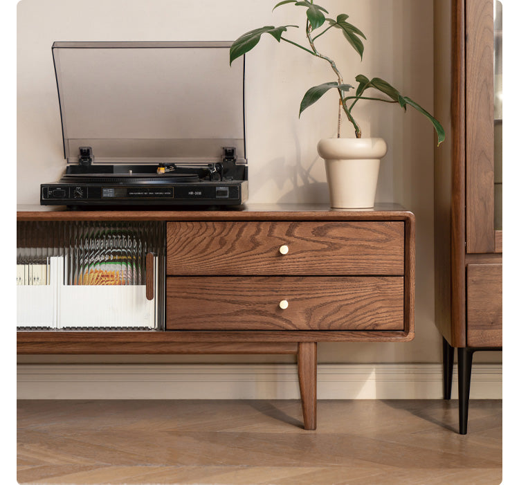 Oak, Solid Rubberwood, Beech Solid Wood TV Stand Glass Sliding Door