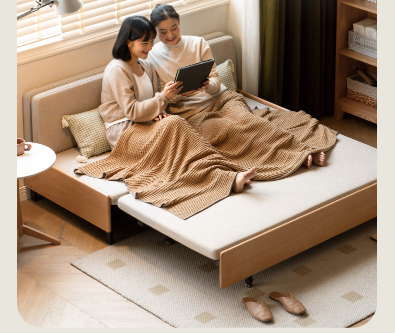 Oak Solid Wood Sofa Bed Folding Sit-sleeping Pull-out Bed.
