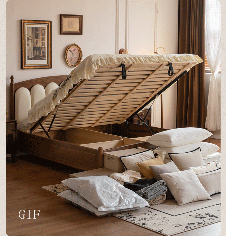 Oak Solid Wood Box Bed with Upholstered Vertical Channel Tufted Arched Headboard