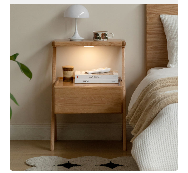 Oak Solid Wood Nightstand Rack Integrated Light.