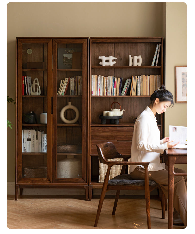 Black Walnut, Ash Solid Wood Combination Dust-Proof Glass Door Bookshelf