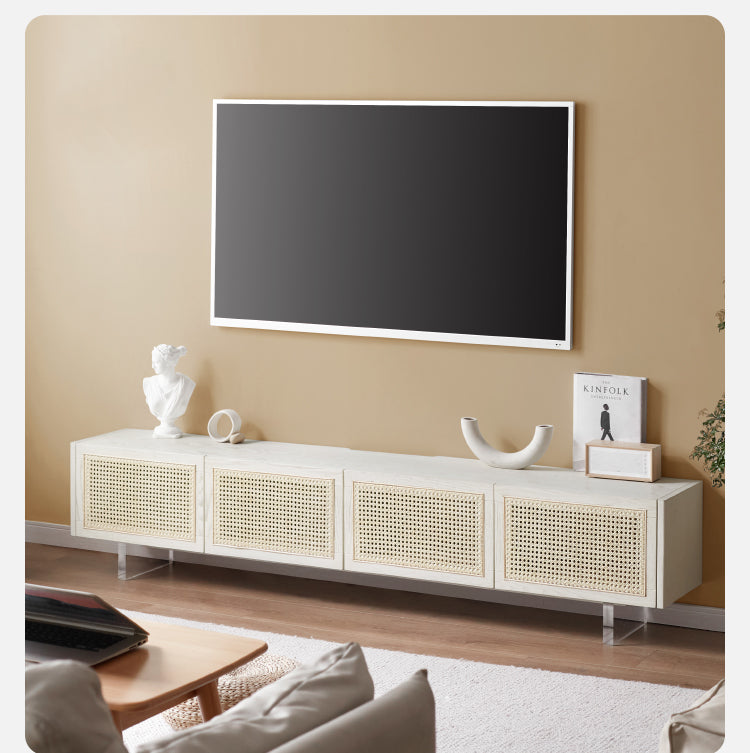 Ash Solid Wood Rattan TV Cabinet Cream Style LED Lights.