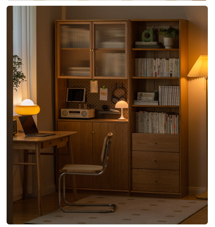 Oak Solid Wood Nordic Style Bookshelf with Floor Storage Cabinet