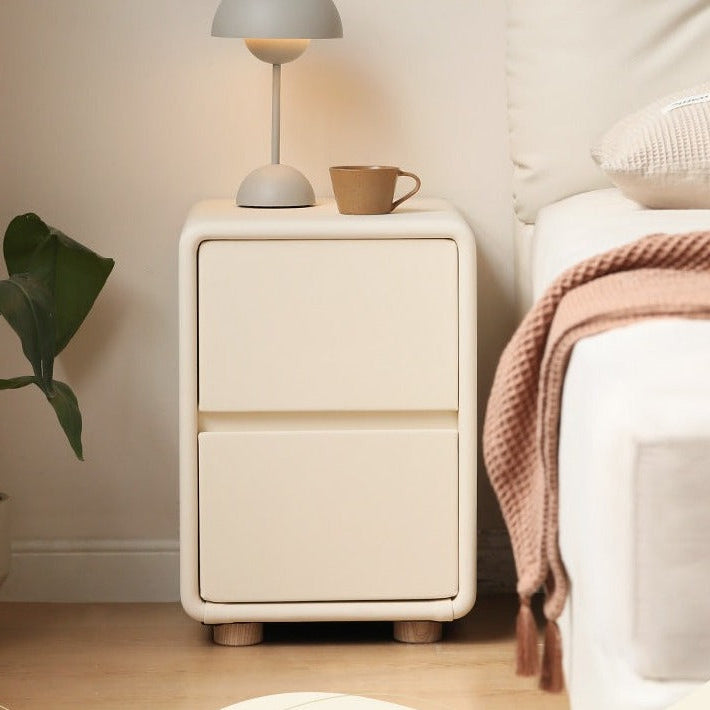 Cream Organic Modern Upholstered Nightstand with Rounded Edges and Soft Leather-Wrapped Frame