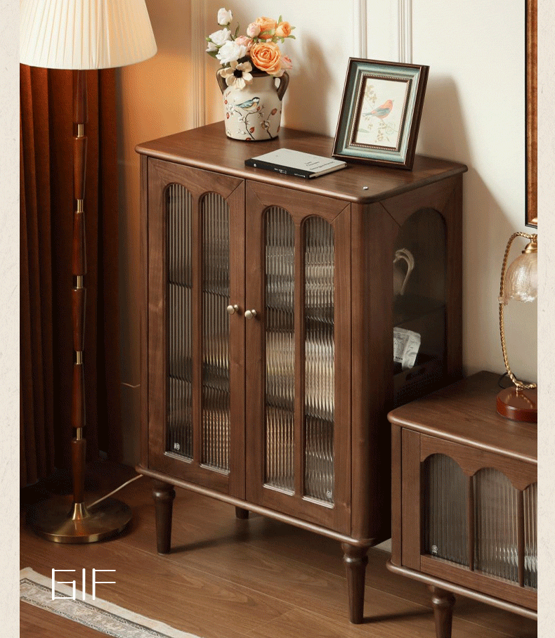 Black Walnut Solid Wood Retro Side Cabinet.