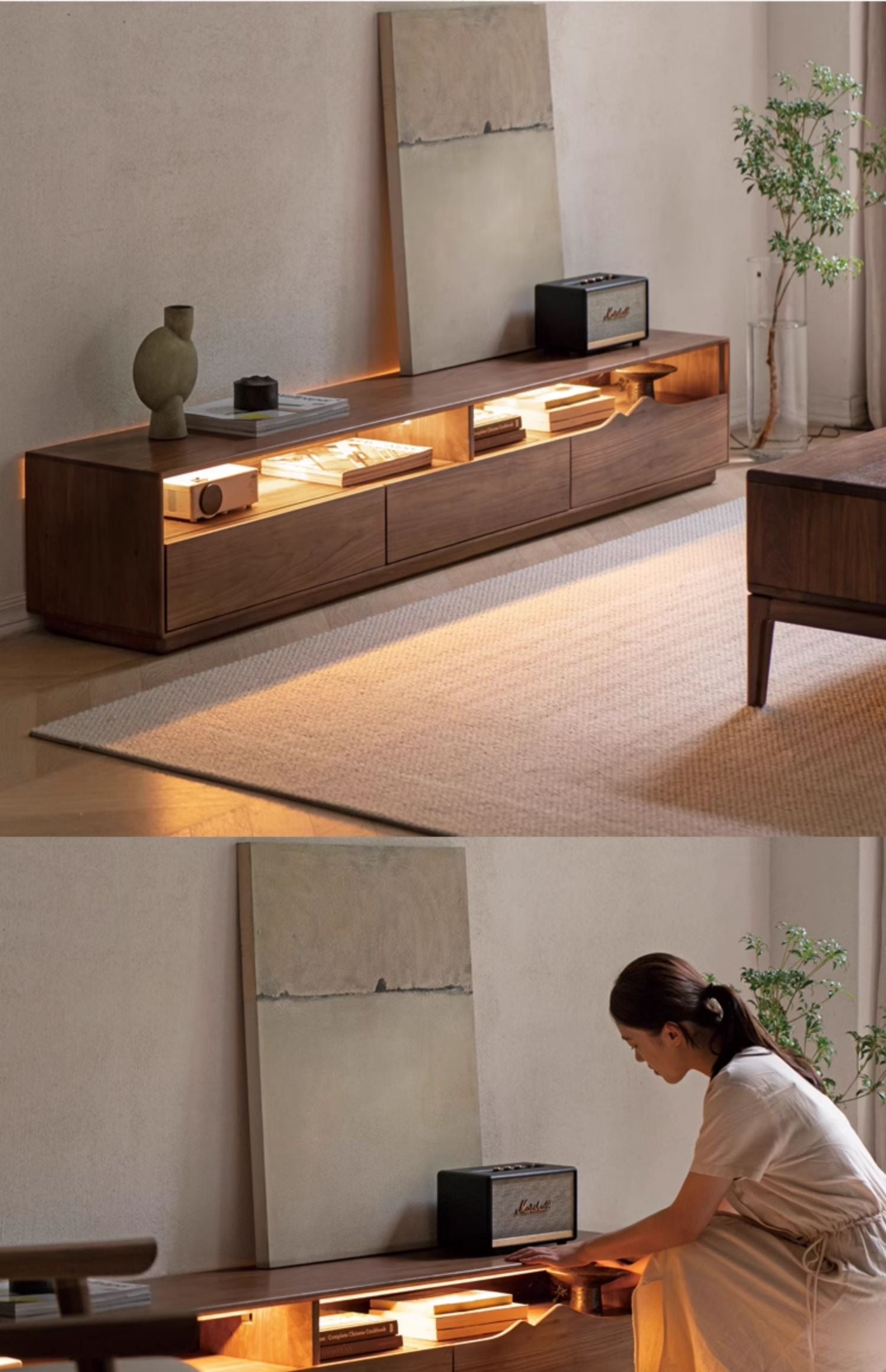 Black Walnut, Ash Solid Wood Large Capacity Floor TV Table.