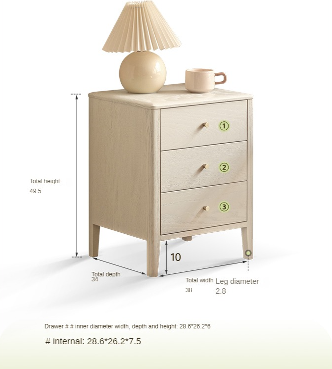 Oak Solid Wood, Solid RubberWood Nightstand Cream Style)
