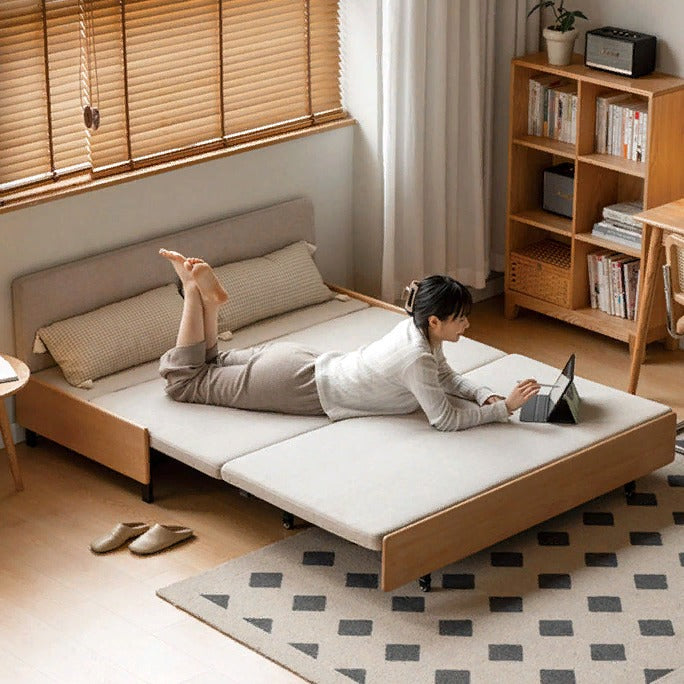 Oak Solid Wood Sofa Bed Folding Sit-sleeping Pull-out Bed.