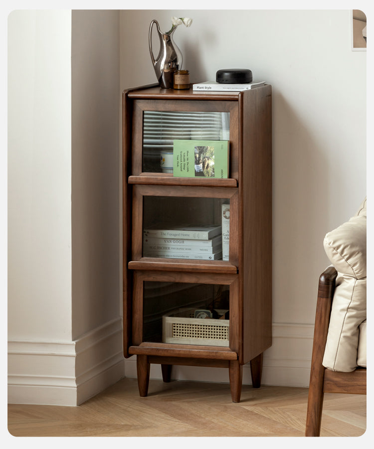 Black Walnut, Oak Solid Wood Glass Flip Door Display Side Cabinet LED Lights
