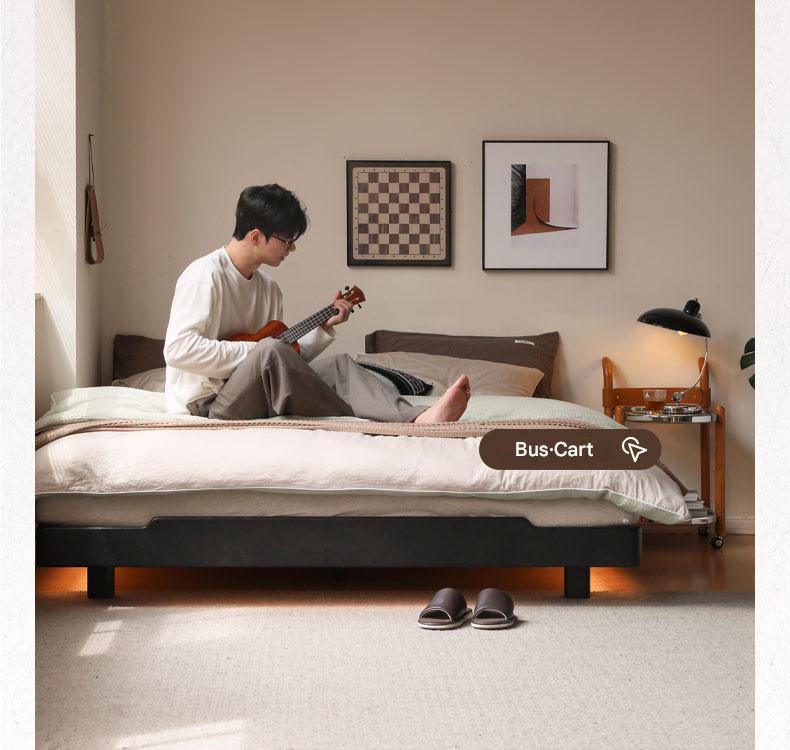 Oak, Rubberwood, Ash Solid Wood Suspended Platform Bed, Headboard-Free Bed Black with Light