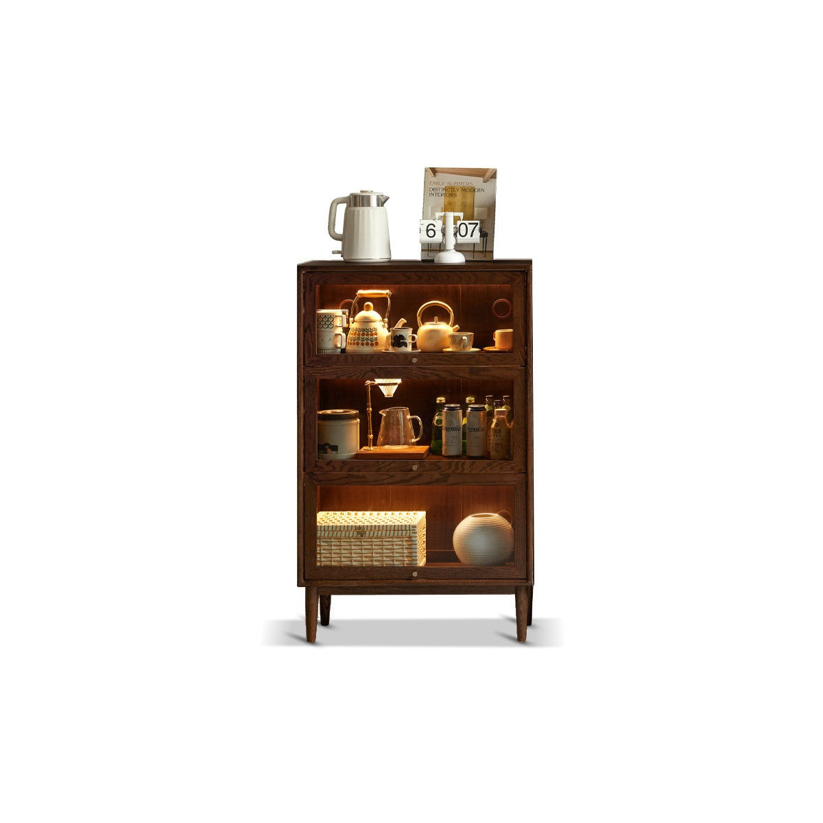 Multi-layer flip door side cabinet, bookcase oak solid wood"