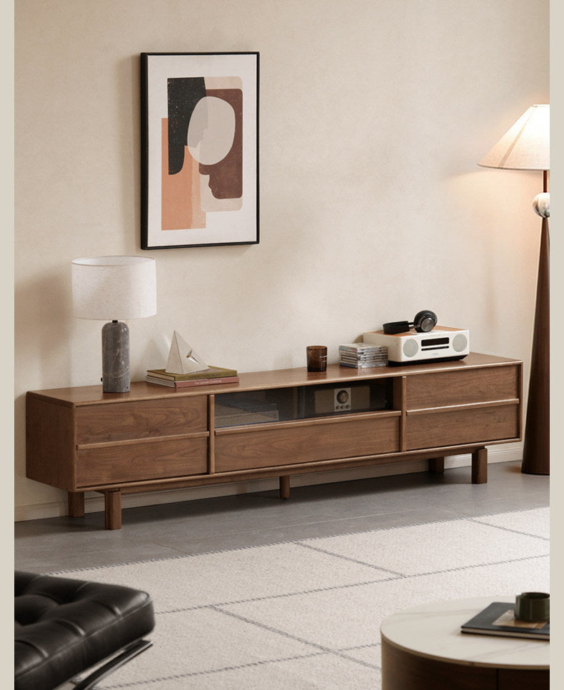 Black Walnut Solid Wood Luxury Style TV Cabinet with Slab Top and Storage