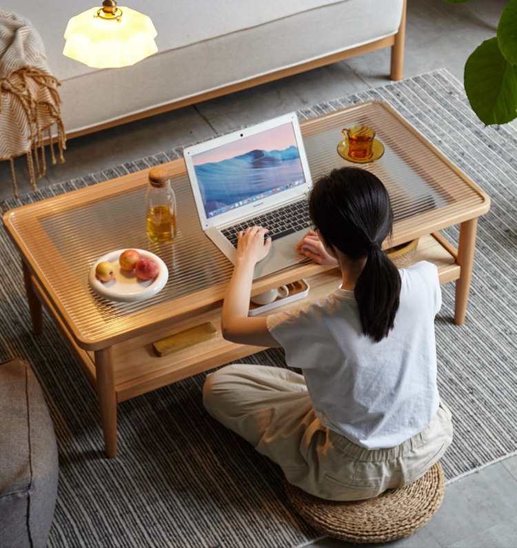 Beech Solid Wood Glass Coffee Table Nordic