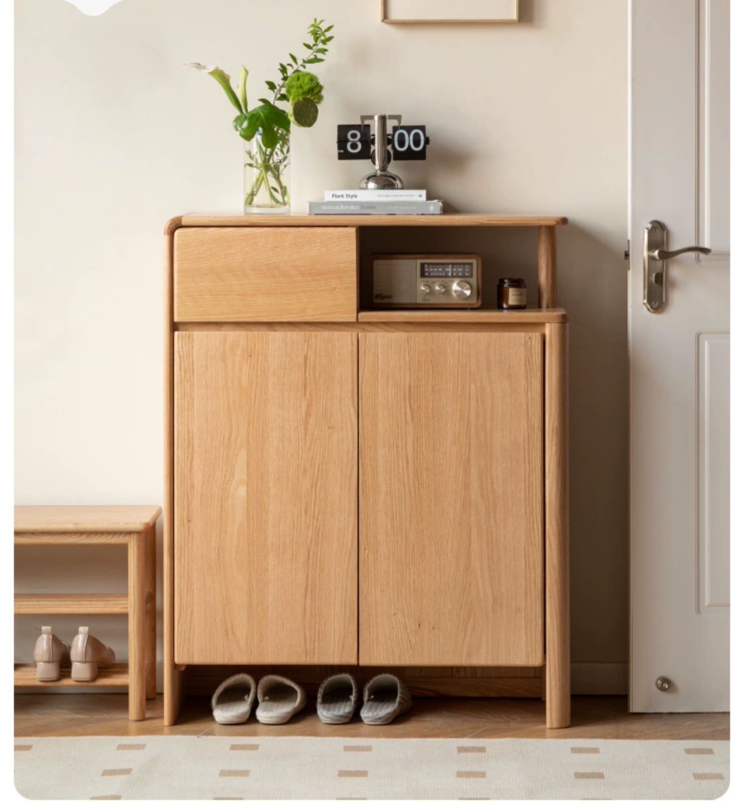 Oak, Solid Rubber Wood Partition Shoe Cabinet