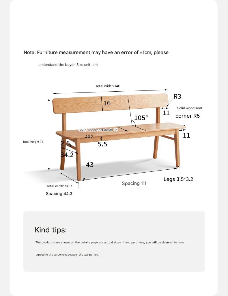 Ash, Oak Solid Wood Nordic Long Bench