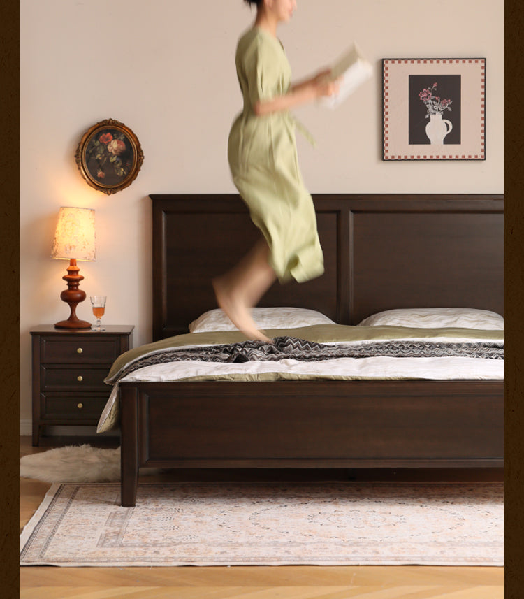 Poplar Solid Wood Bed Modern American Retro High Back Bed