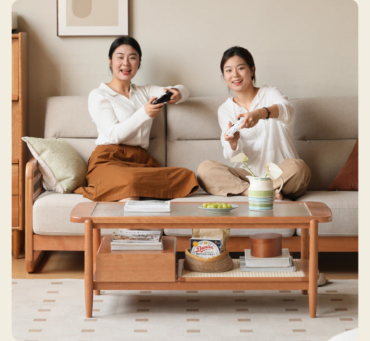 Cherry Solid Wood Coffee Table Glass, Rattan