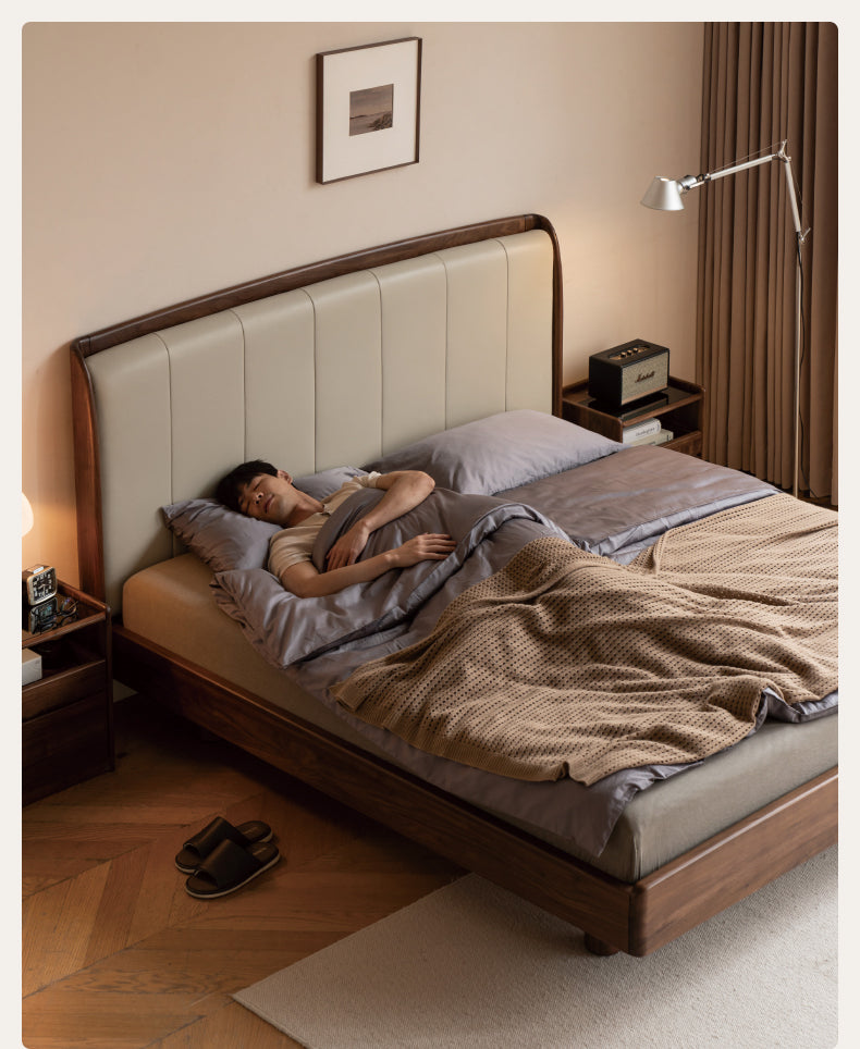 Black Walnut, Ash Solid Wood Leather Simple High Soft Back Bed