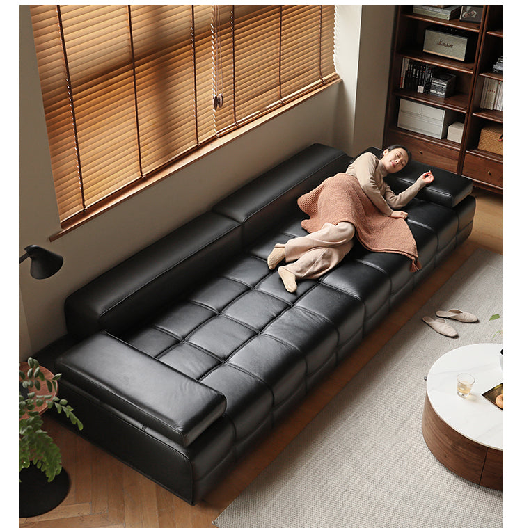 Leather Sofa Italian Black Straight Head Layer Yellow Cowhide.