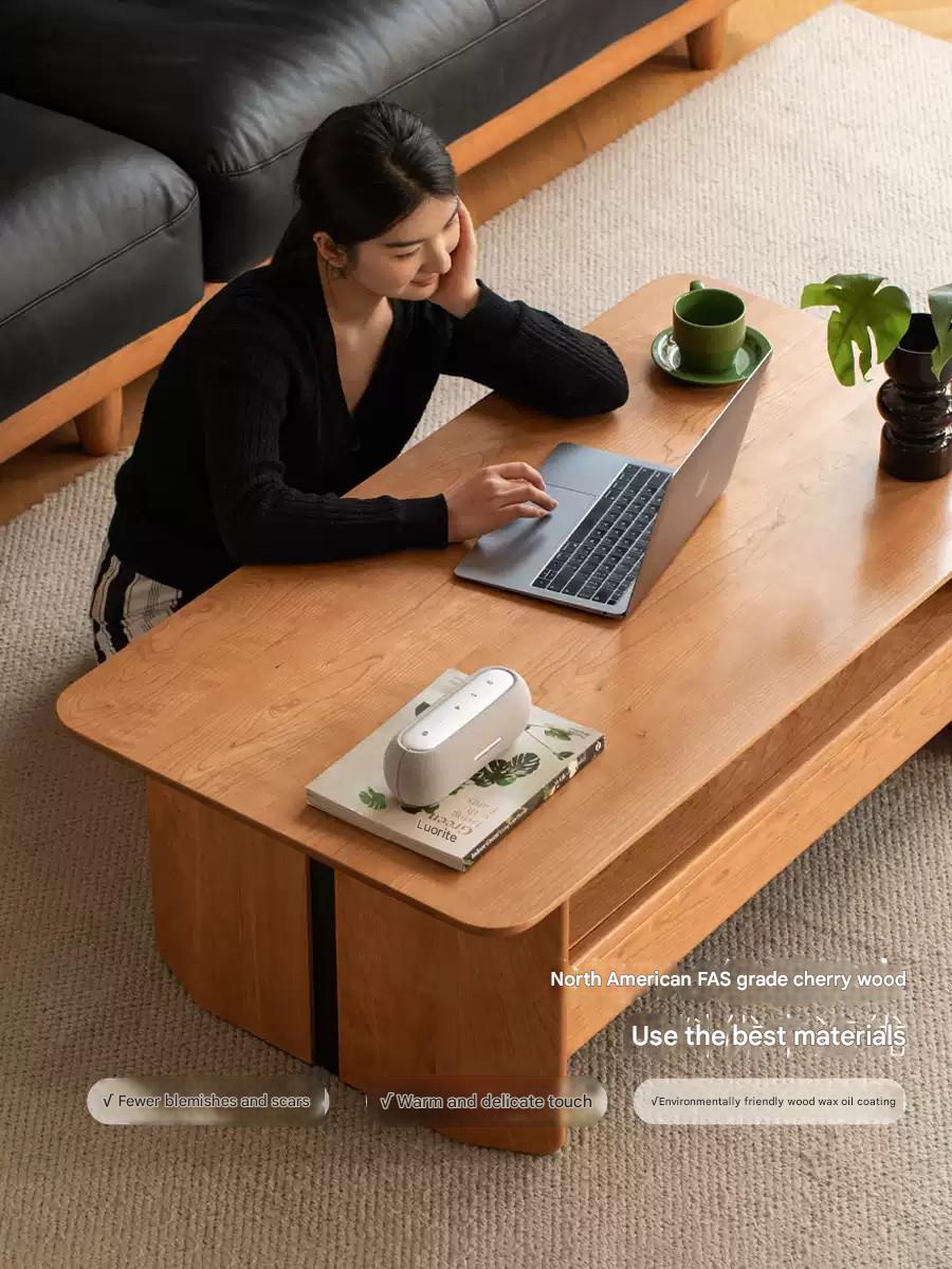 Cherry Solid Wood Modern Rock Plate Coffee Table.