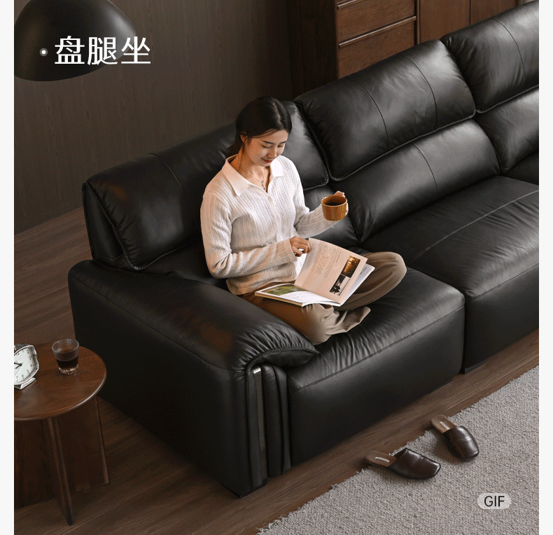 Leather Italian Light Luxury Black Straight Line Sofa