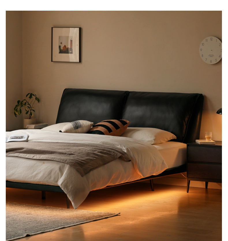 Leather Elephant Ear Suspended Light Luxury First Layer Of Yellow Cowhide Black Bed