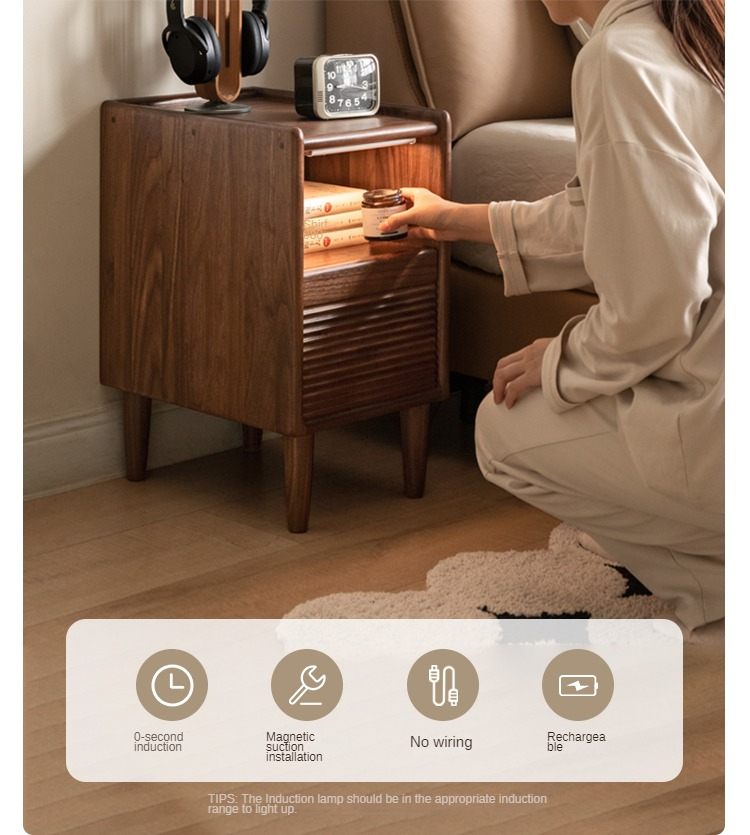 Black Walnut Solid Wood Nightstand Narrow Night Light: