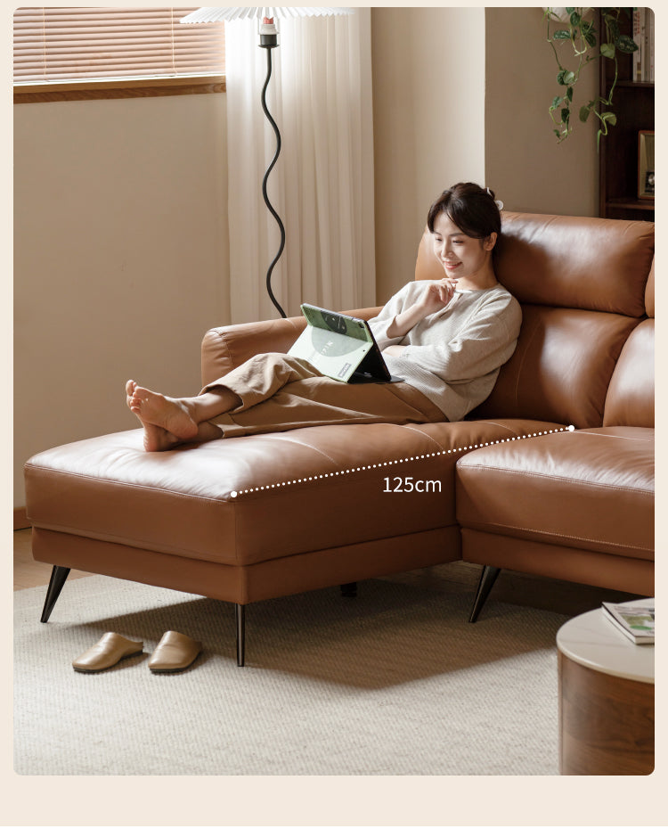 First-layer Yellow Cowhide Leather Sofa Light Luxury Italian Style.