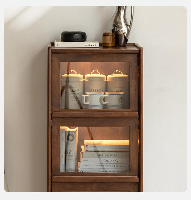 Black Walnut, Oak Solid Wood Glass Flip Door Display Side Cabinet LED Lights