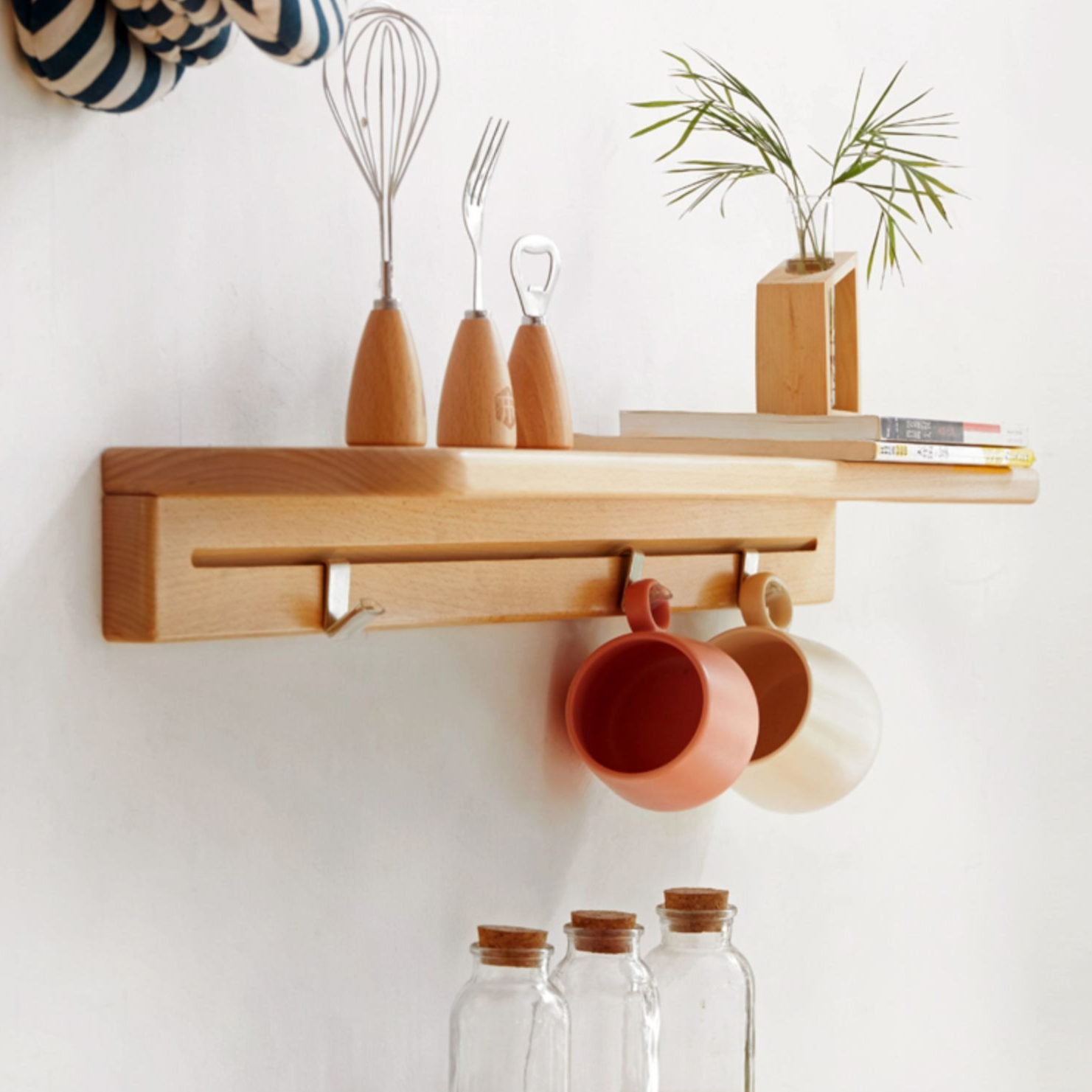 Beech Solid Wood Wall Shelf With Hooks