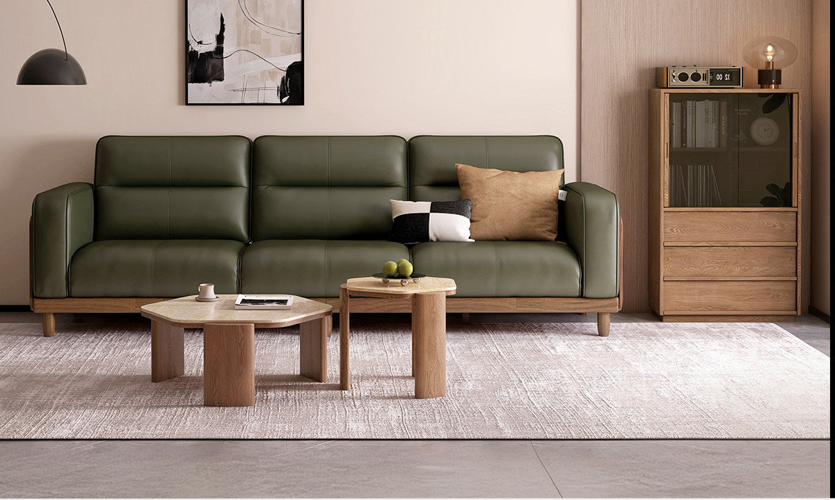 Ash Solid Wood Genuine Leather High Back Sofa