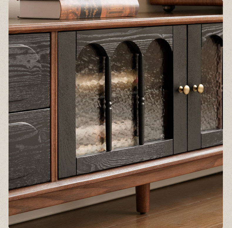 Black Walnut, Ash Solid Wood TV Cabinet with Integrated Storage, Vintage Style Floor Cabinet