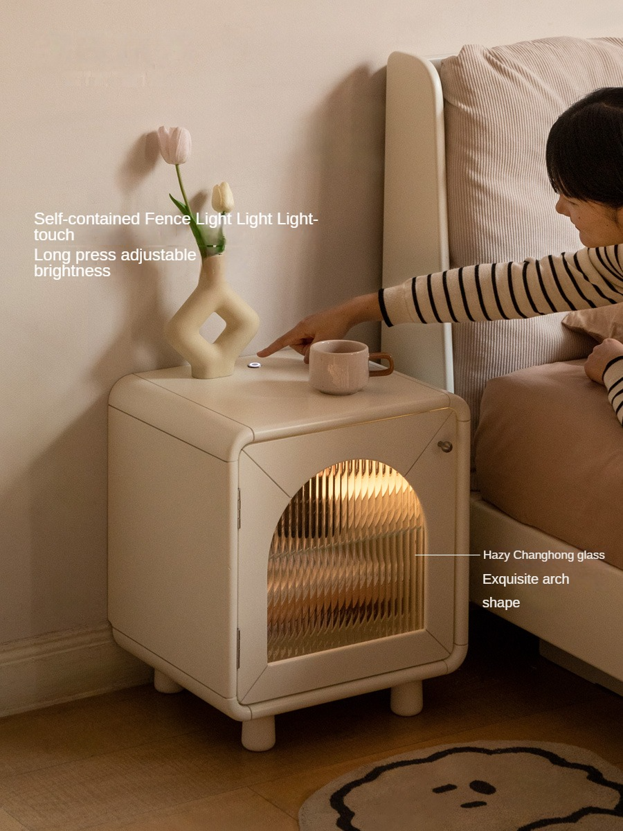 Solid RubberWood, Poplar Solid Wood Light Nightstand Cream Style
