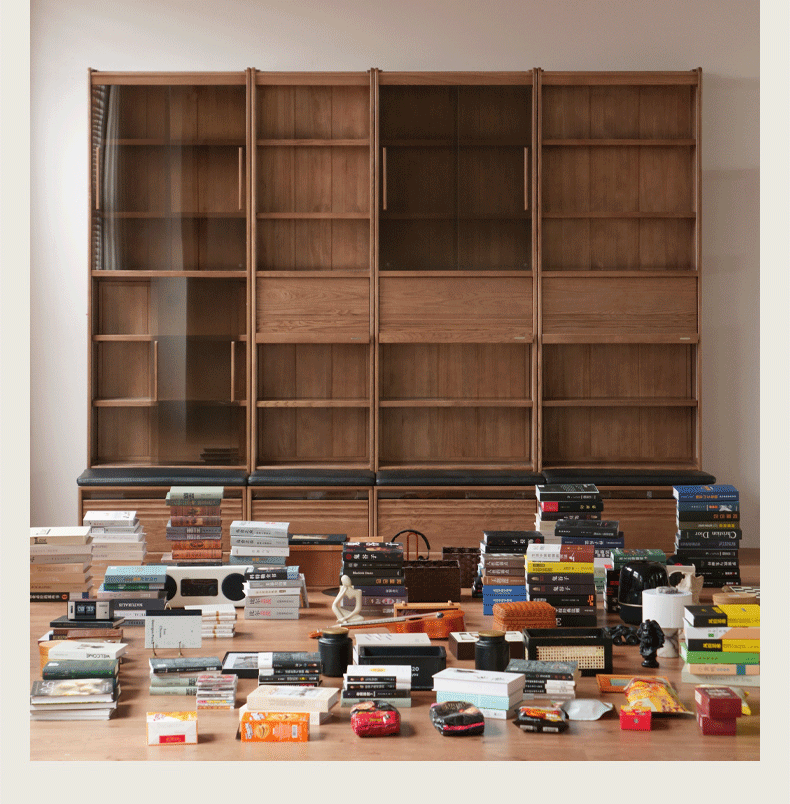 Ash Solid Wood Bookcase with Built In Bench Seat and Storage Drawer, Display Cabinet