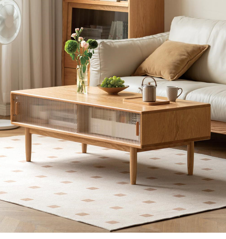 Oak, Beech, Solid Rubberwood Glass Doors Coffee Table