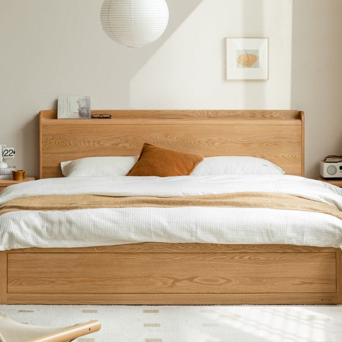 Oak Solid Wood Drawer Storage Bed with Sockets Box Bed