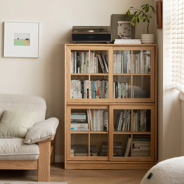 Oak Solid Wood Bookcase Floor to Floor Free Combination Sliding Door