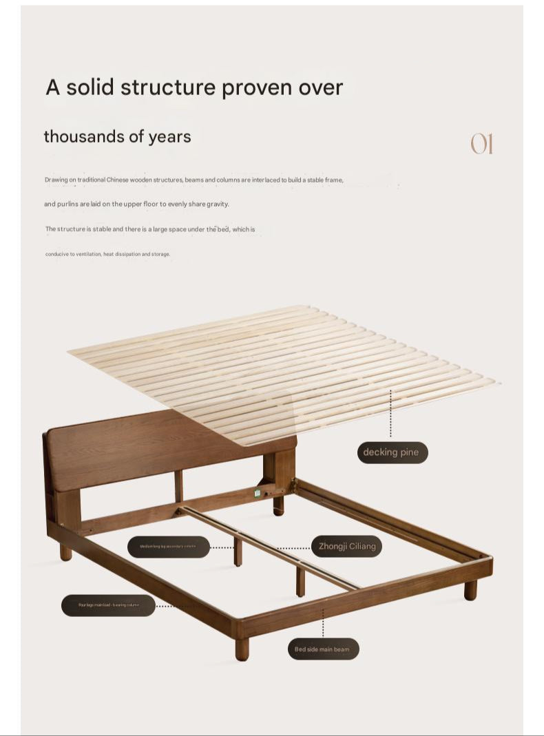 Oak solid wood bed with light, storage space