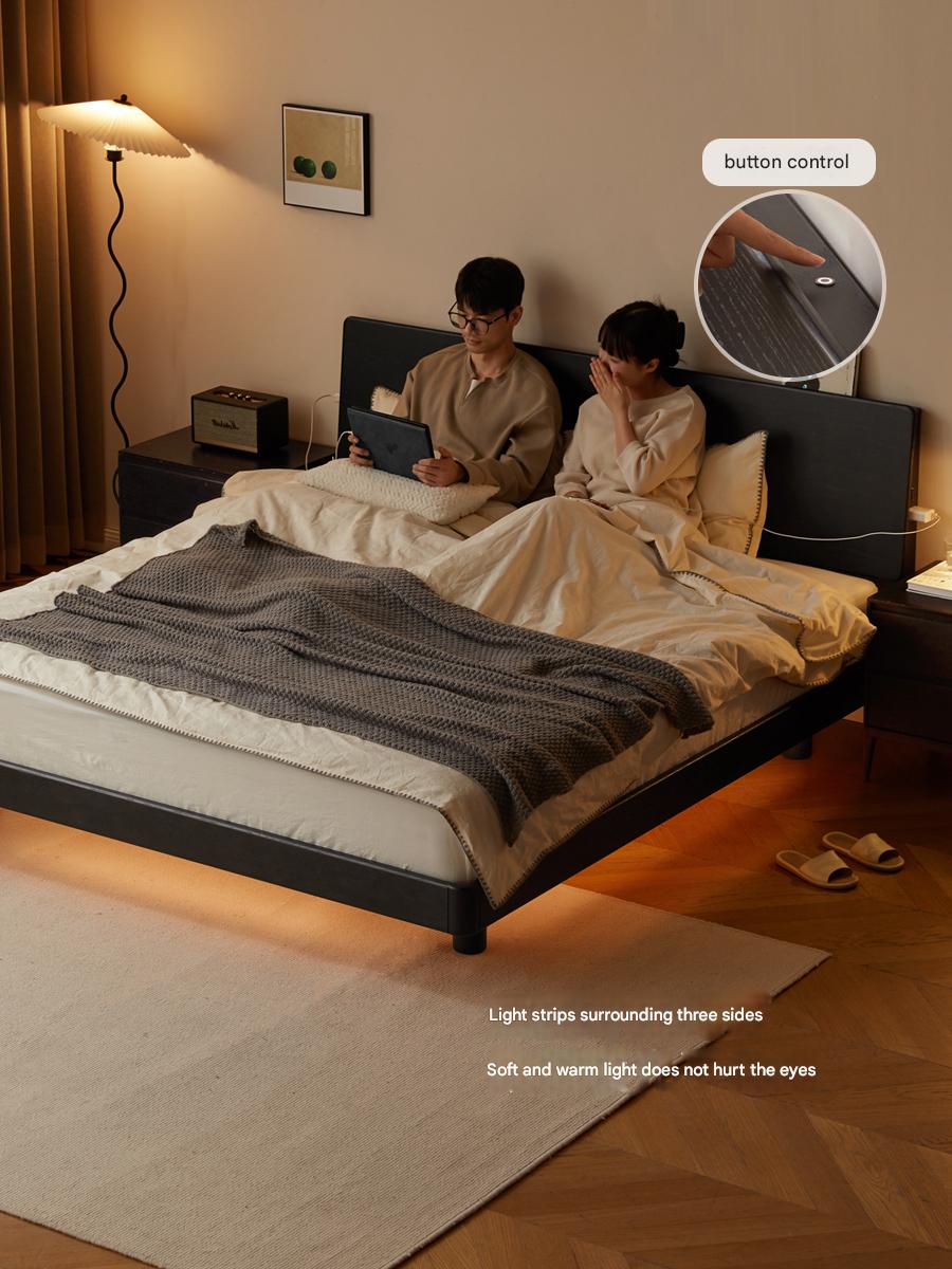 Oak Solid Wood Nordic Floating Bed — Modern Minimalist Black with Light