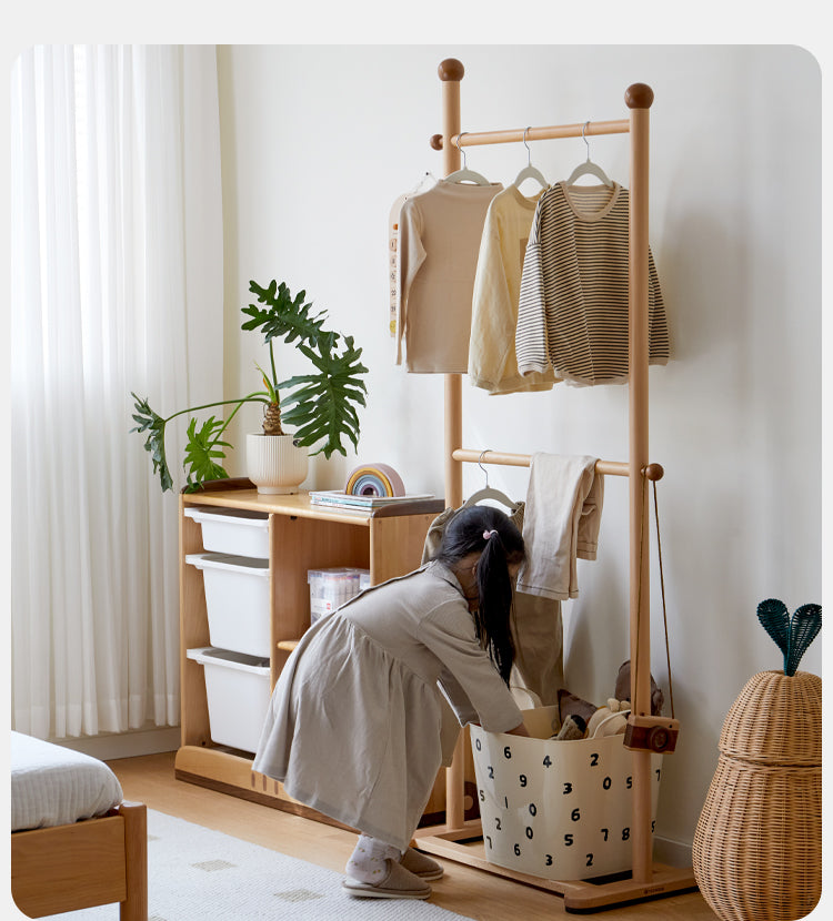 Beech, Oak Solid Wood Coat Rack for Children's Bedroom Clothes Hanger