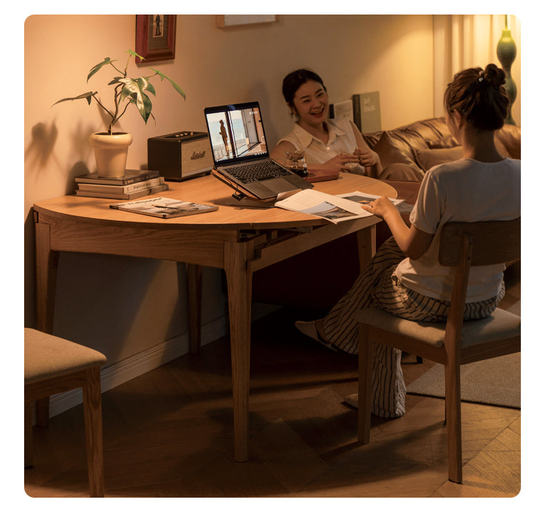 Solid Rubberwood, Oak Solid Wood Folding Round Retractable Dining Table
