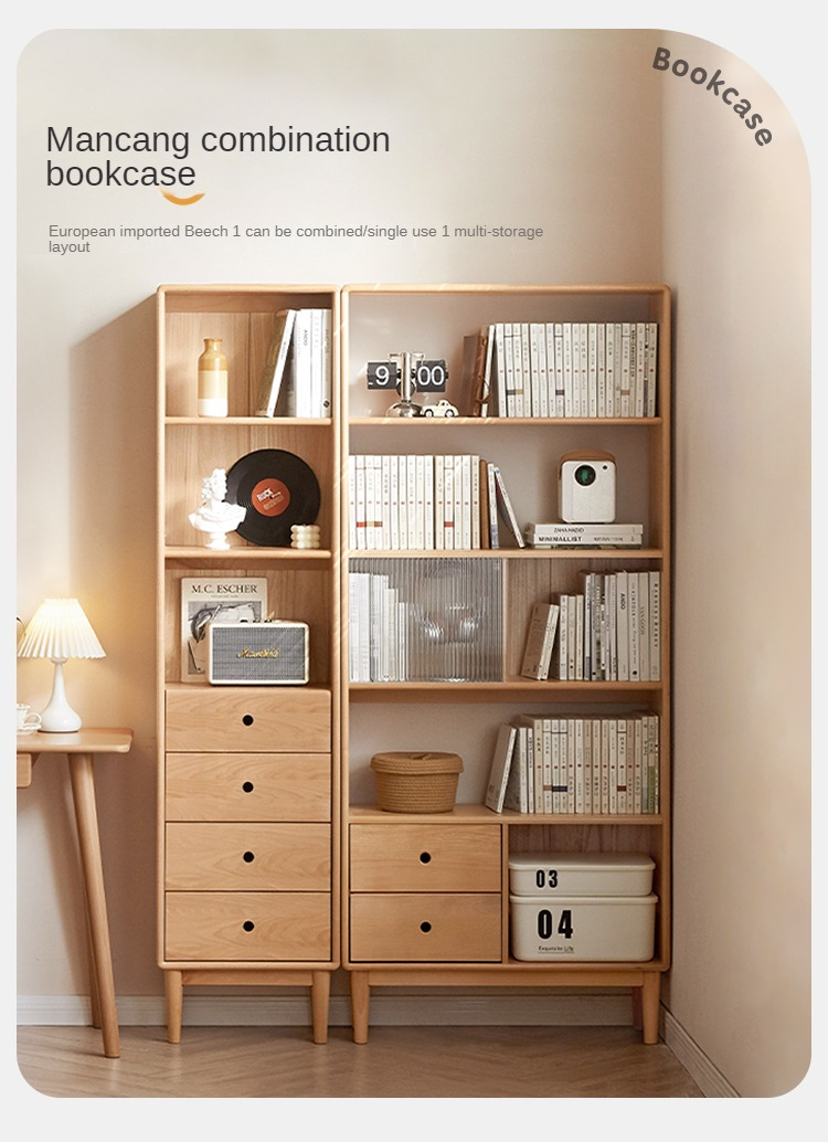 Beech Solid Wood Bookcase with Spacious Cabinet Storage