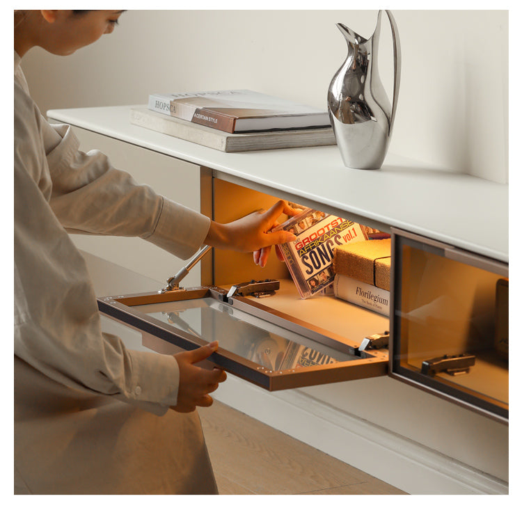 Poplar Solid Wood Wall Mounted TV Cabinet with Light.