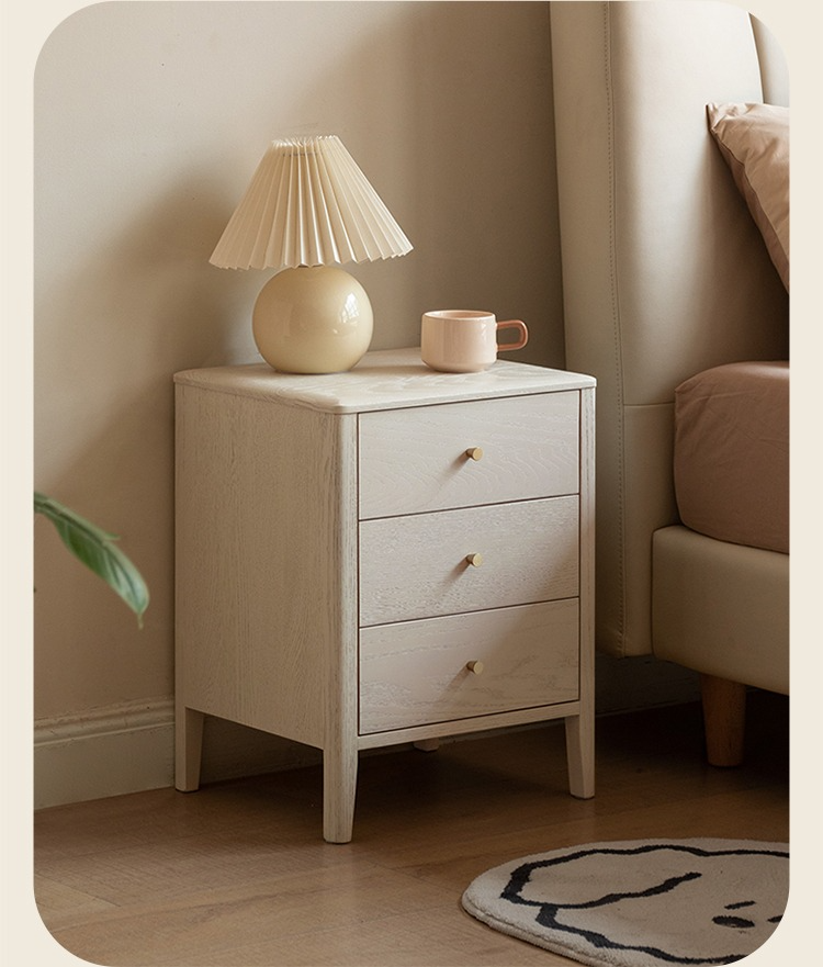 Oak Solid Wood, Solid RubberWood Nightstand Cream Style)