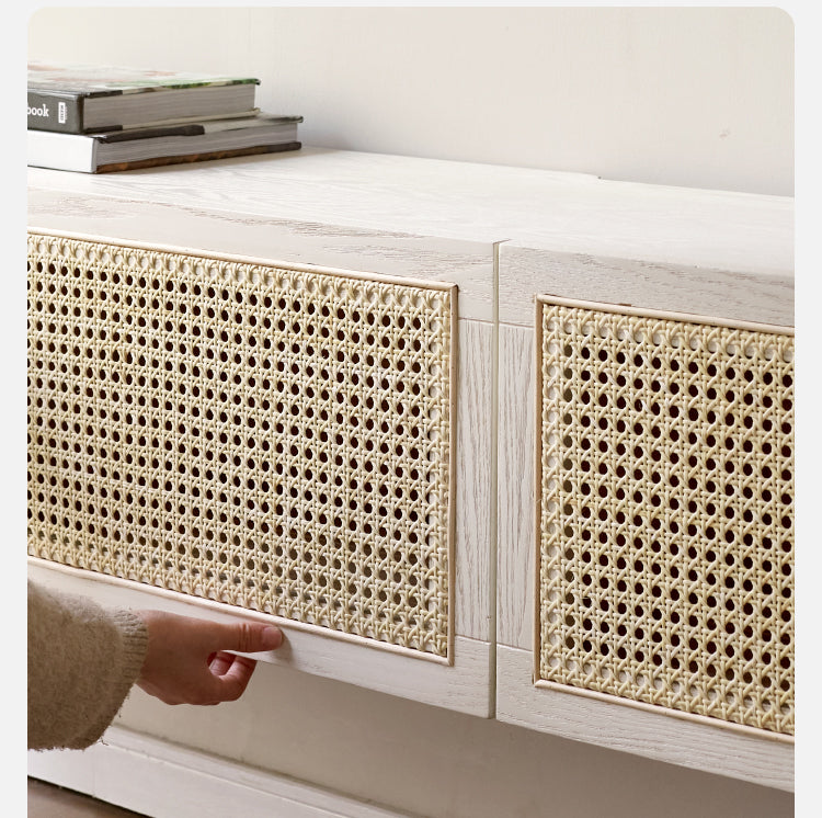 Ash Solid Wood Rattan TV Cabinet Cream Style LED Lights.