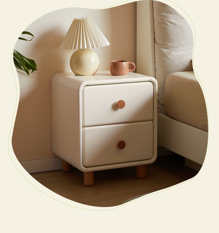 Solid Rubberwood Nightstand Cream Style White Cabinet.